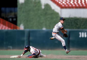 Alan Trammell turning the double play for the Tigers